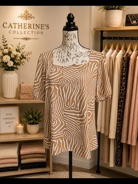 Ann Taylor Factory Women's Tan & White Abstract Print Puff Sleeve Blouse Size L